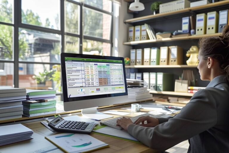 formation gestionnaire de paie : illustration d'un gestionnaire de paie travaillant à son bureau avec des documents et un ordinateur