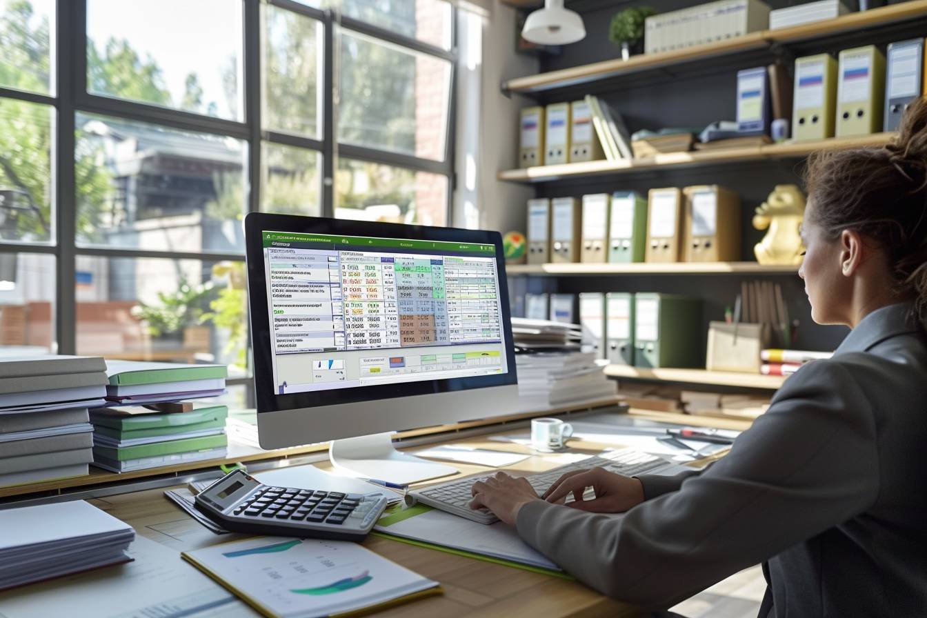 formation gestionnaire de paie : illustration d'un gestionnaire de paie travaillant à son bureau avec des documents et un ordinateur