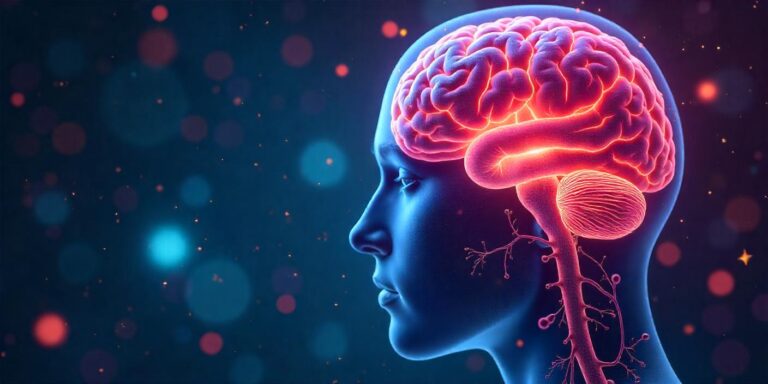 CBD : illustration du cerveau humain avec des molécules de CBD