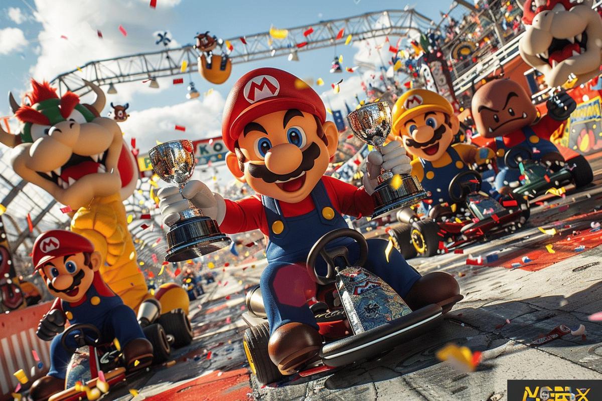 Mario Kart World : affiche du jeu avec personnages emblématiques et nouveaux pilotes