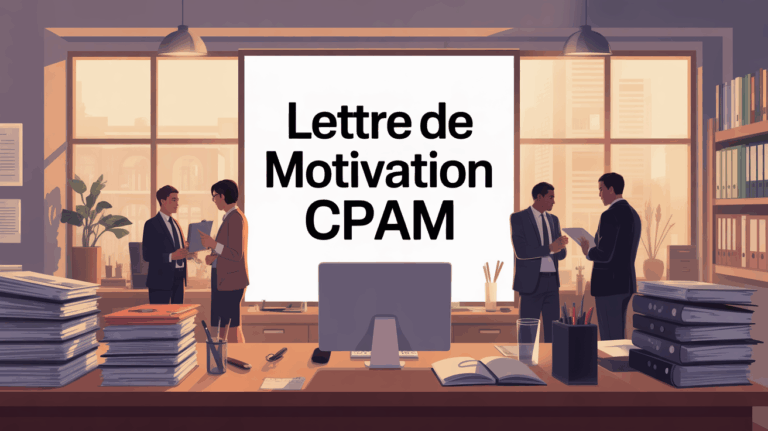 Lettre de motivation CPAM illustration bureau administratif moderne