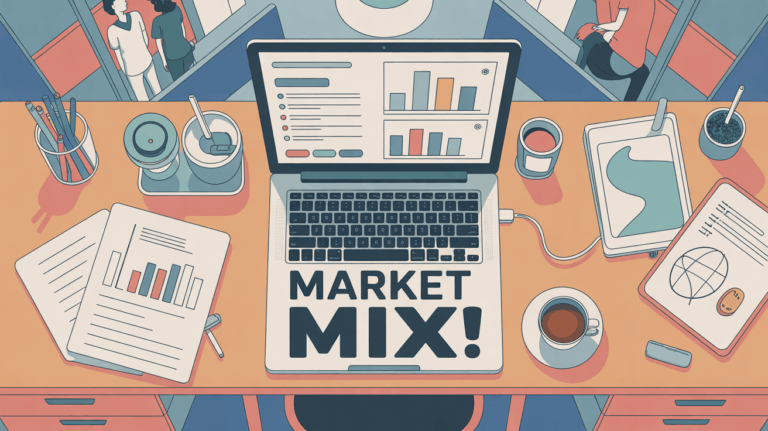 bureau avec ordinateur cafe et titre market mix