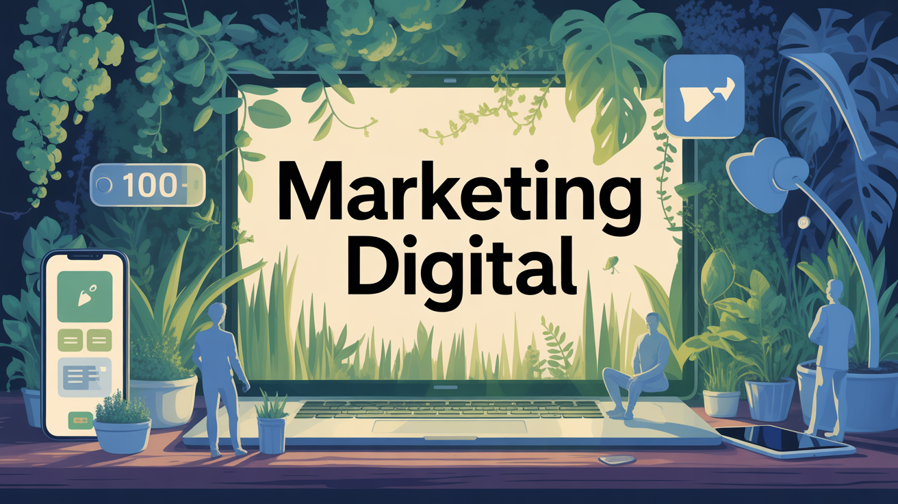 Scène de jardin digital marketing pour PME horticole avec outils numériques