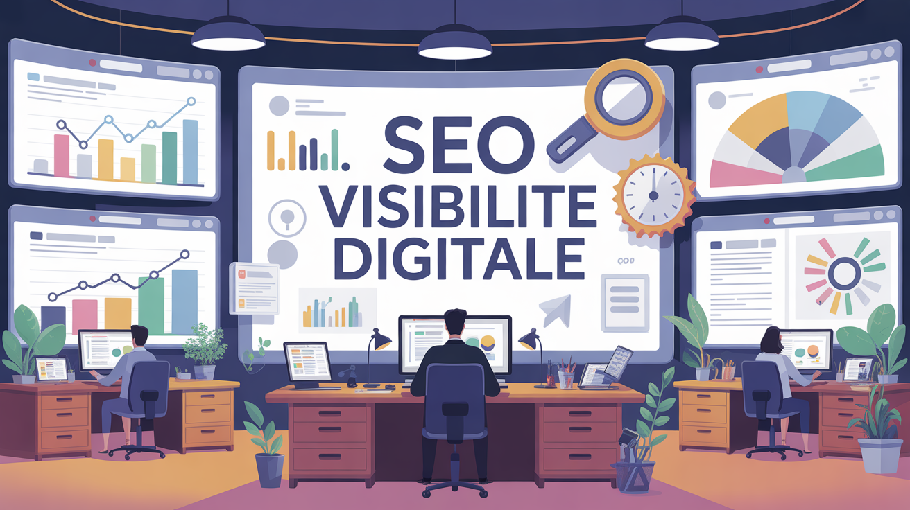 Bureau moderne avec équipe travaillant sur des outils SEO, graphiques visibilite digitale