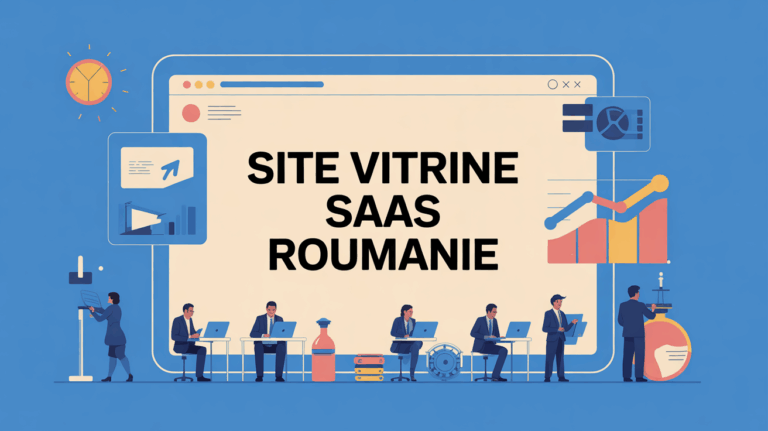 Illustration site vitrine SaaS en Roumanie ordinateur et icônes performance