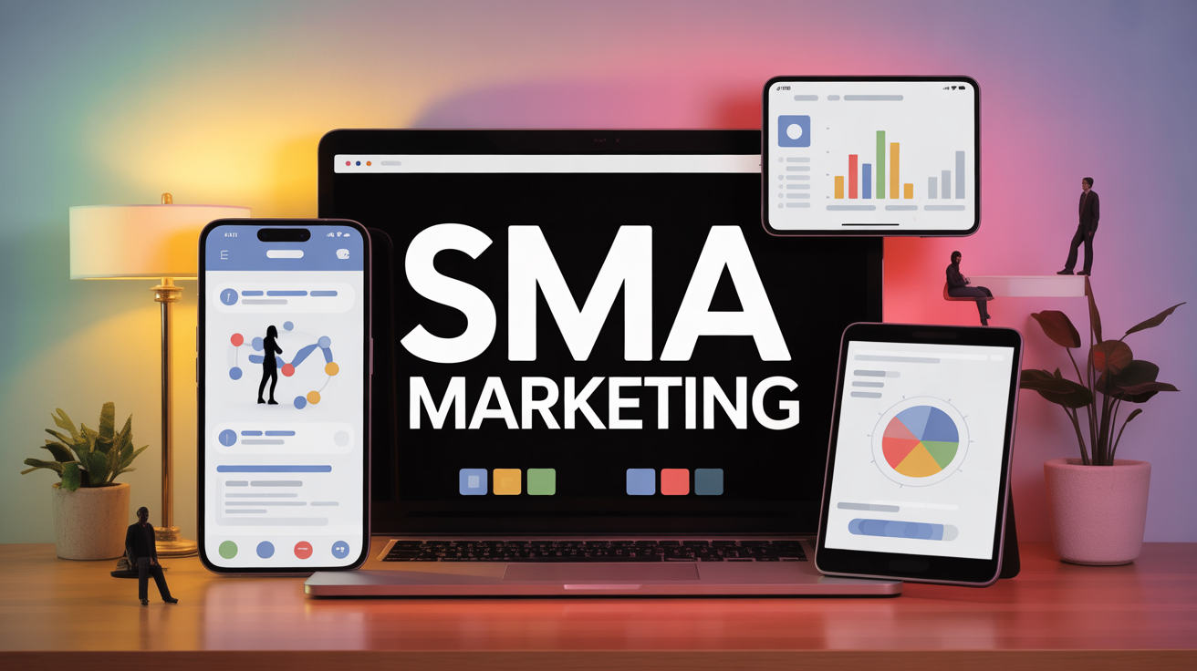 Illustration SMA marketing avec smartphone ordinateur interactions et graphiques