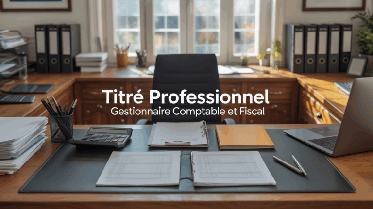 Bureau organisé avec calculatrice et feuilles, titre professionnel gestionnaire comptable et fiscal