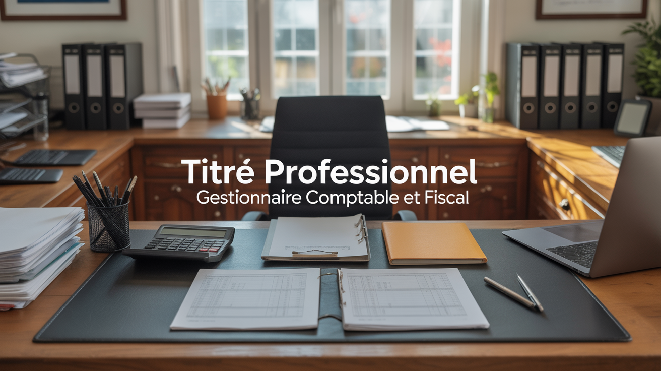 Bureau organisé avec calculatrice et feuilles, titre professionnel gestionnaire comptable et fiscal