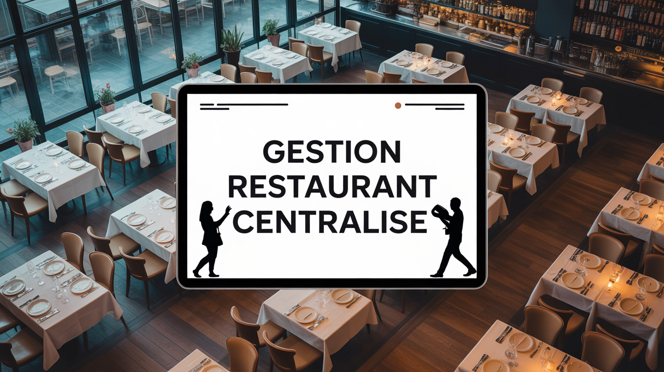 Tablette affichant un dashboard central en restaurant moderne
