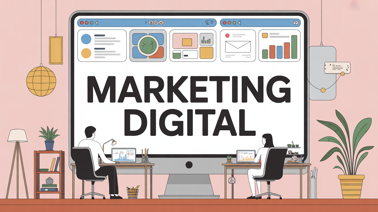 Écran coworking affichant marketing digital et outils acquisition clients