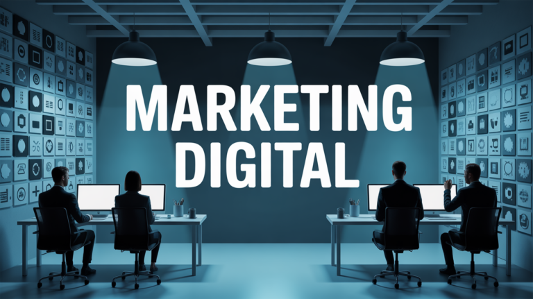 marketing digital, silhouettes autour ordinateurs, bureau icones
