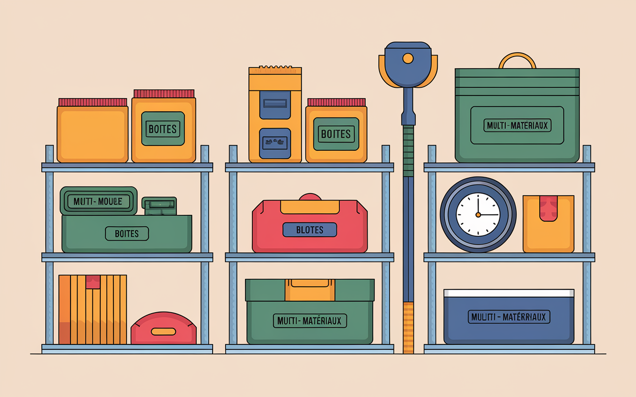 Emballages plastiques multi-materiaux avec outils et symbole reactivite