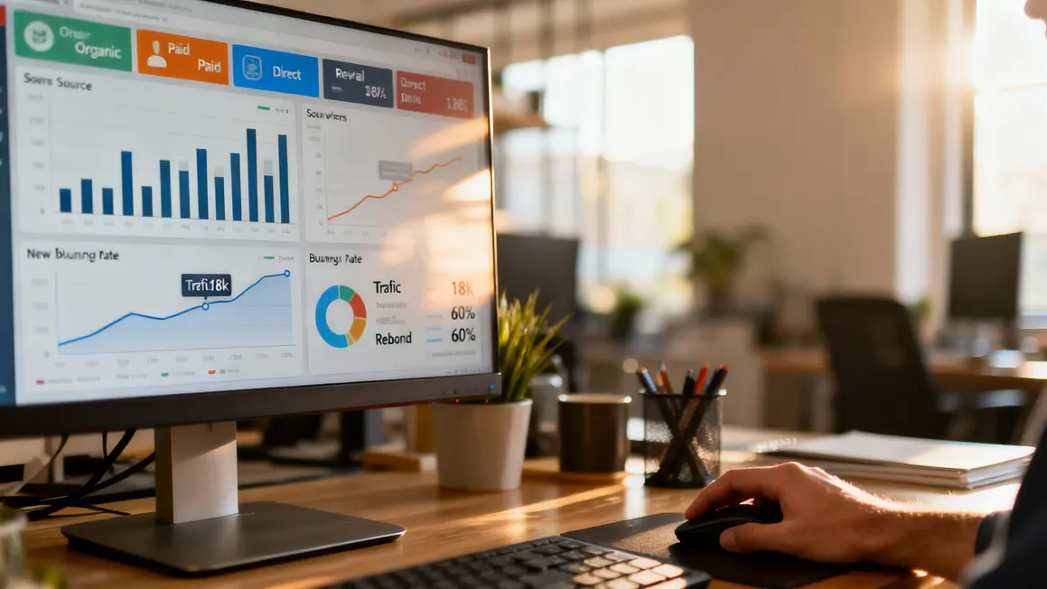 Graphique KPI acquisition marketing digital sources trafic et taux de rebond