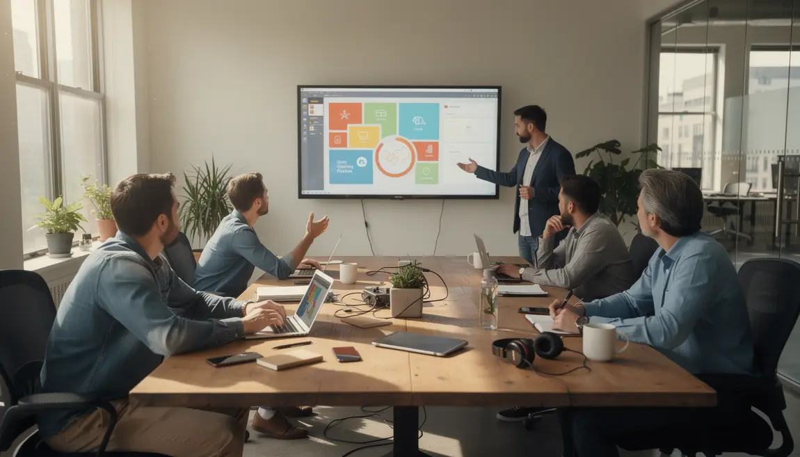 Professionnels réunis autour d’un écran sur Canva, création de visuels marketing