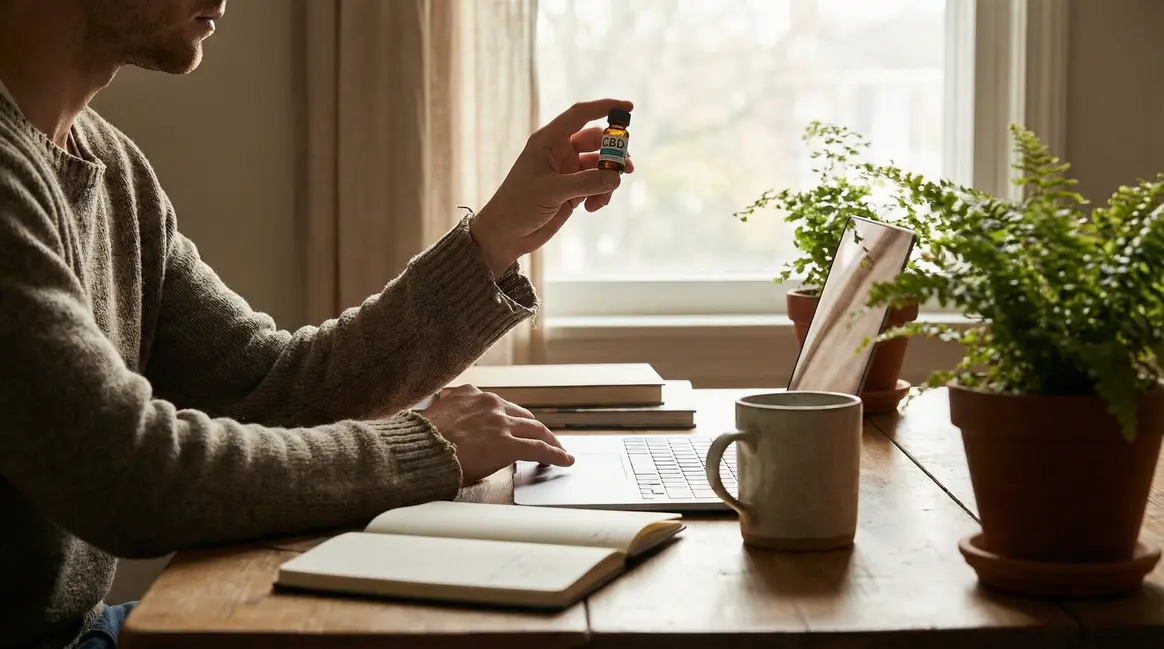 Personne bureau fiole huile CBD gestion anxiété