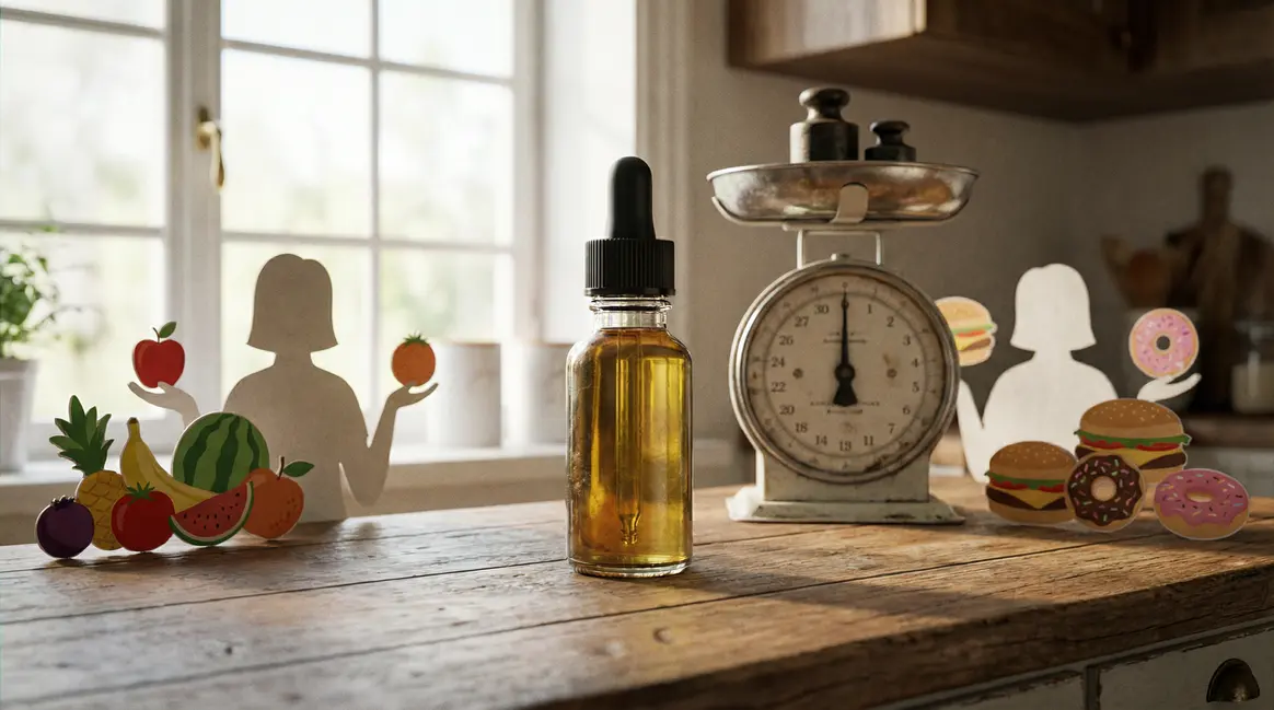 Flacon huile CBD équilibre alimentaire balance info