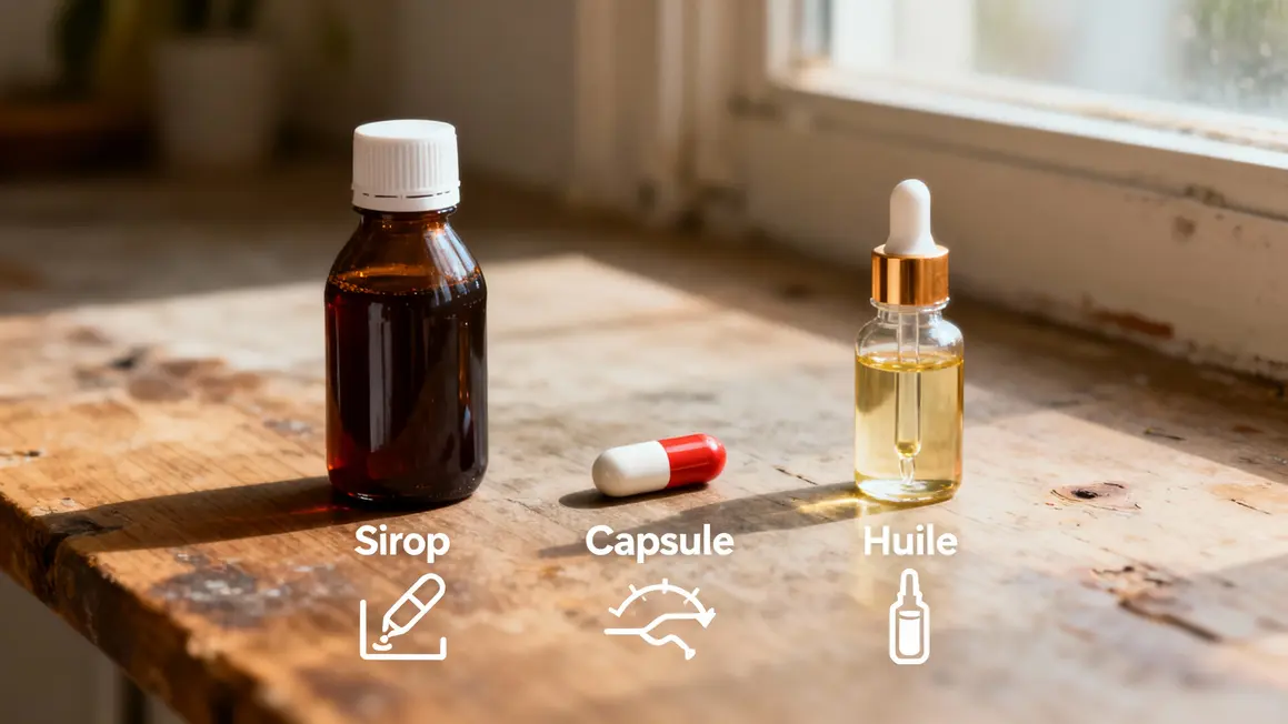 Tableau sirop CBD capsule huile avantages pictogrammes