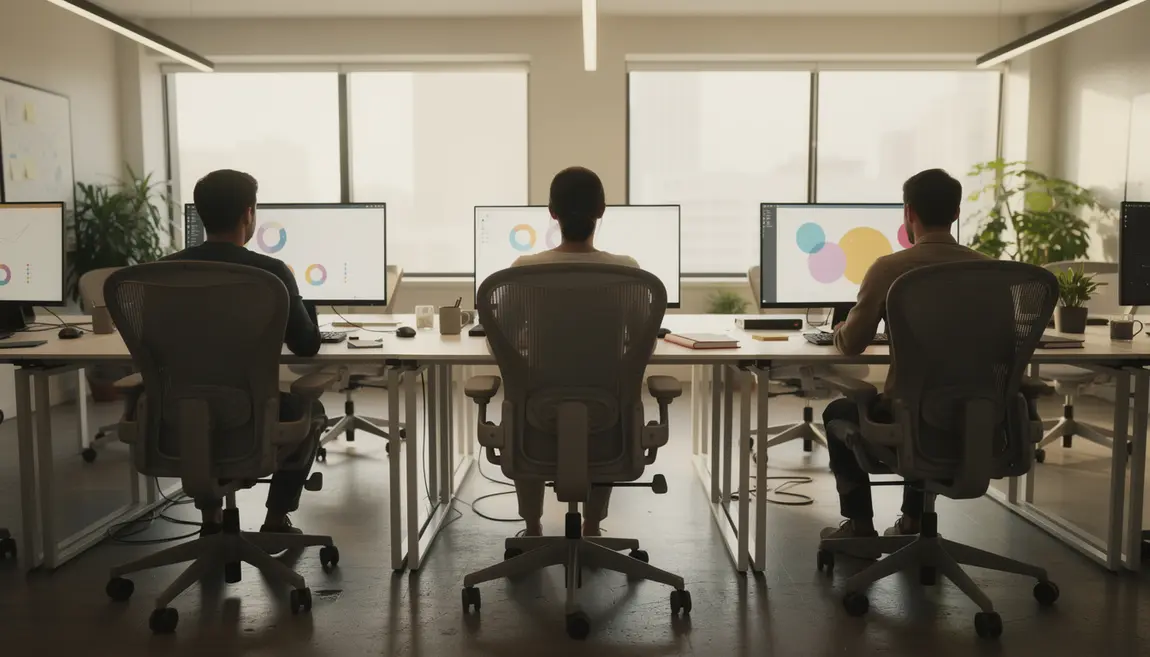 Espace de travail avec chaises bureau ergonomiques silhouettes dos