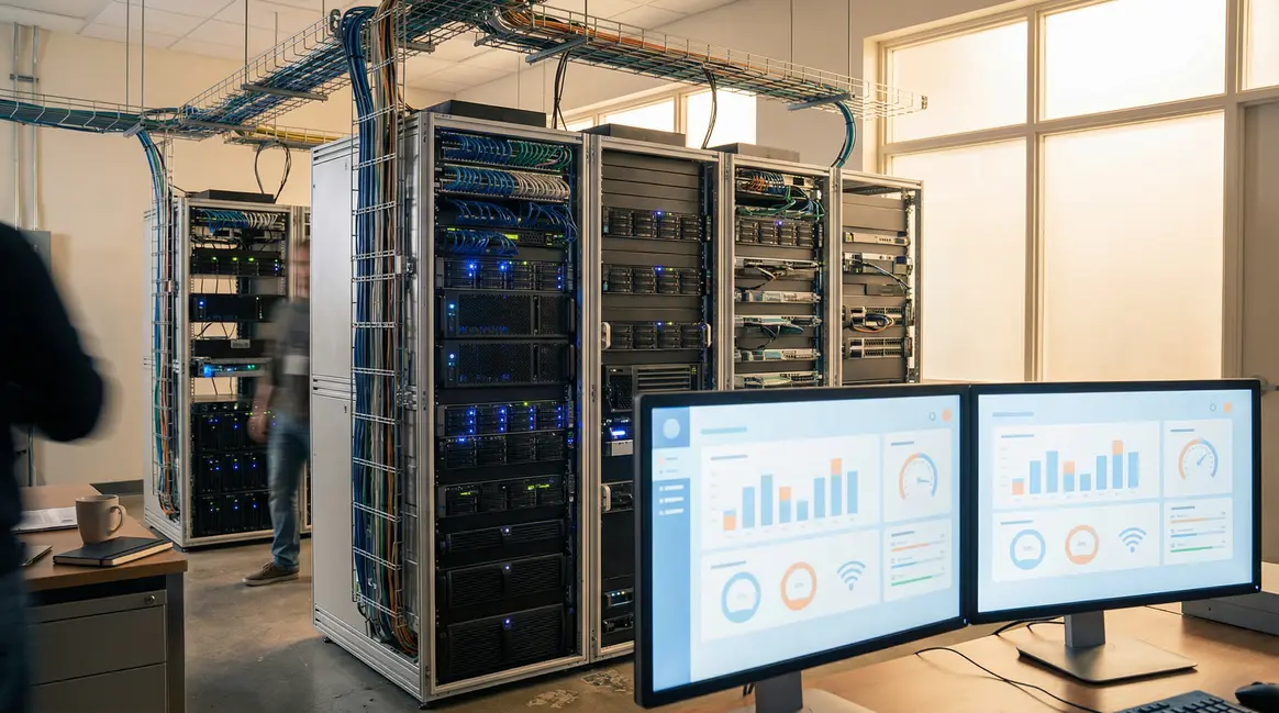 Serveurs WordPress connectés dashboard lumineux