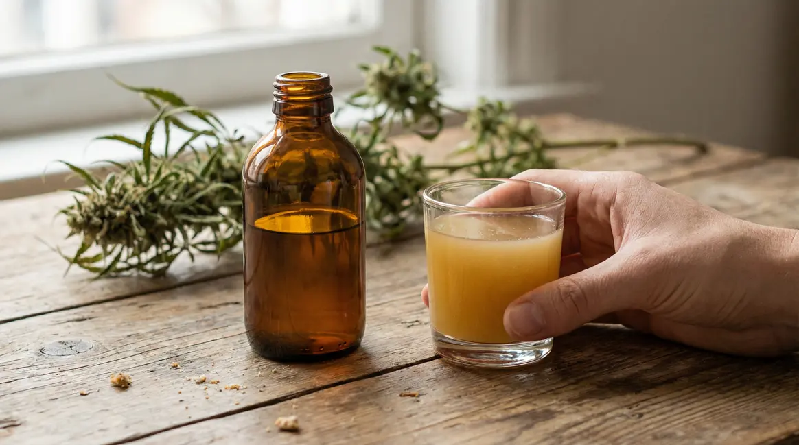 Bouteille de sirop de CBD sur table bois verre doseur branche chanvre