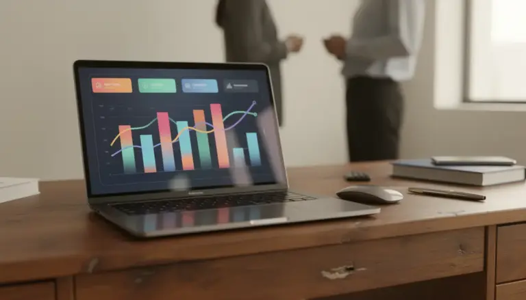 Ordinateur portable affichant des KPI marketing digital sur écran