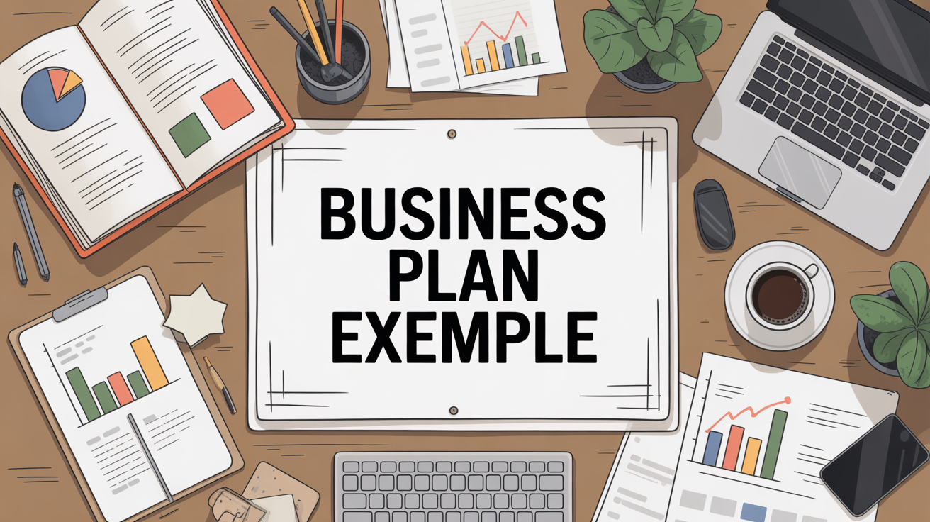 business plan exemple sur bureau avec feuilles et ordinateur