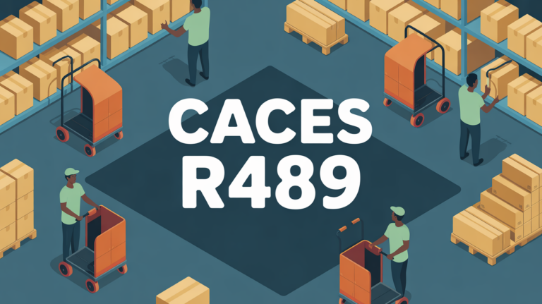 Vue de haut entrepôt, caristes chariots élévateurs, caces r489