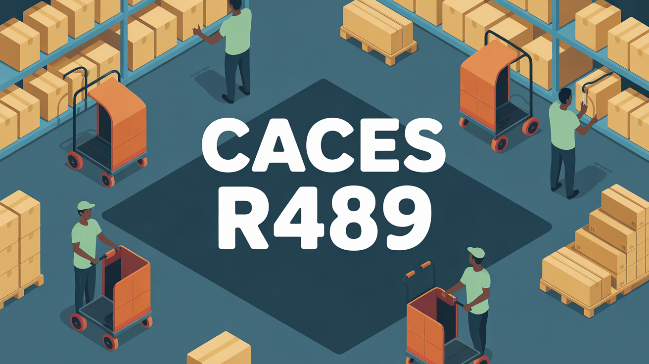 Vue de haut entrepôt, caristes chariots élévateurs, caces r489