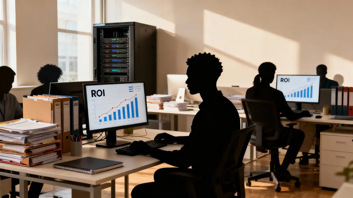 Open space avec matériel et dossiers financiers