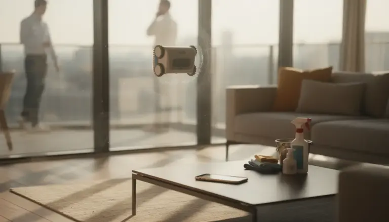 robot lave-vitre en action sur grande baie vitree