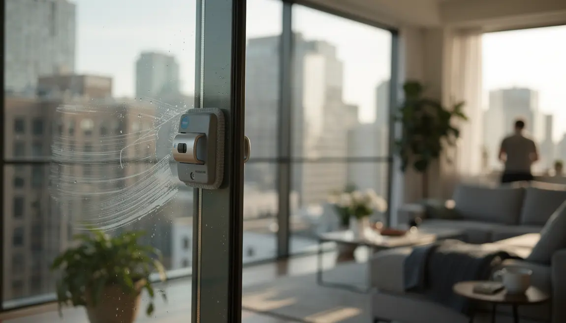 robot lave-vitres automatique nettoie baie vitrée moderne vue urbaine
