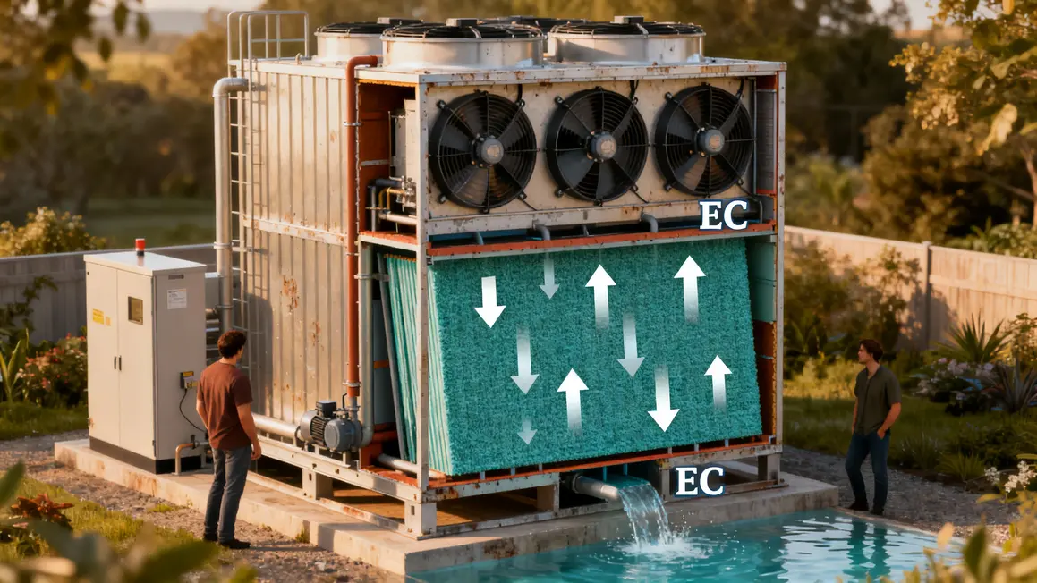 Coupe d’une tour de refroidissement adiabatique avec ventilateurs EC, tampons humidifiés, modes sec humide