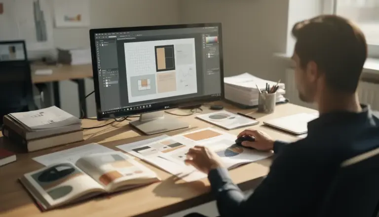 Ordinateur avec Scribus ouvert sur bureau moderne