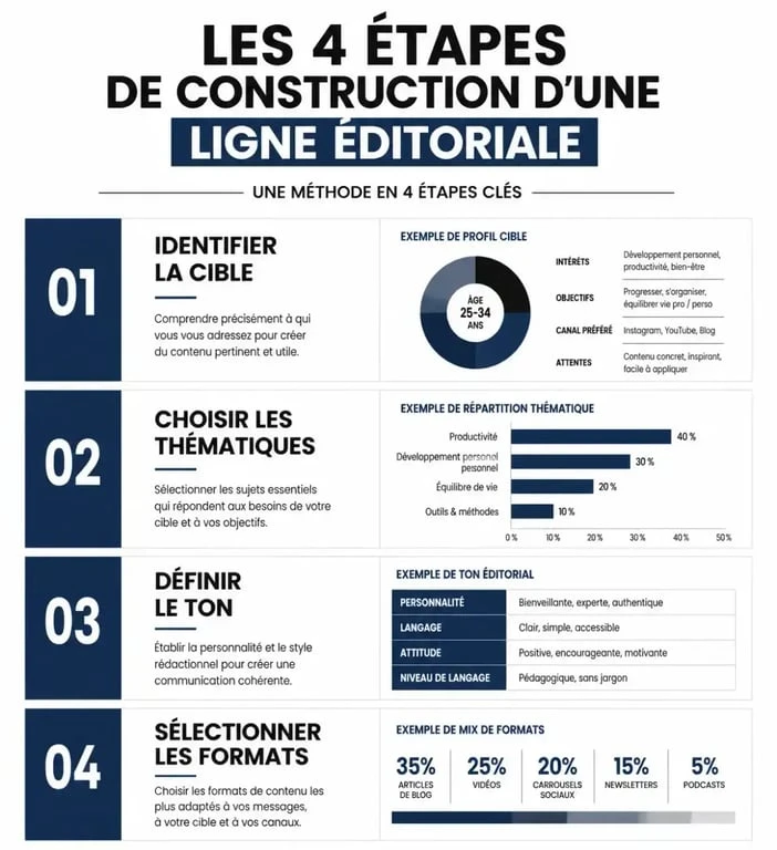 Infographie des 4 étapes pour définir une ligne éditoriale efficace pour une marque ou un média