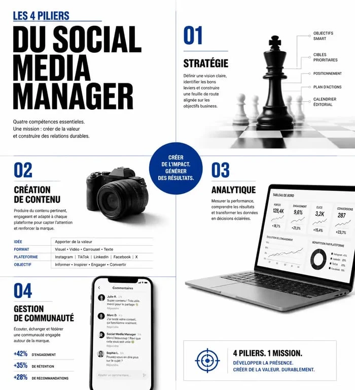 Infographie des compétences clés d'une formation social media manager : stratégie, contenu, analytics et communauté.