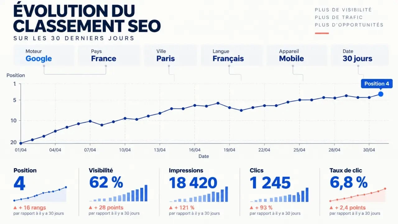 Infographie sur le suivi des positions SEO, les paramètres de mesure et les indicateurs de visibilité
