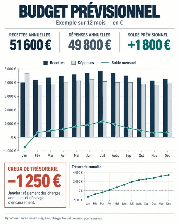Exemple budget prévisionnel avec recettes, dépenses et solde de trésorerie mensuel