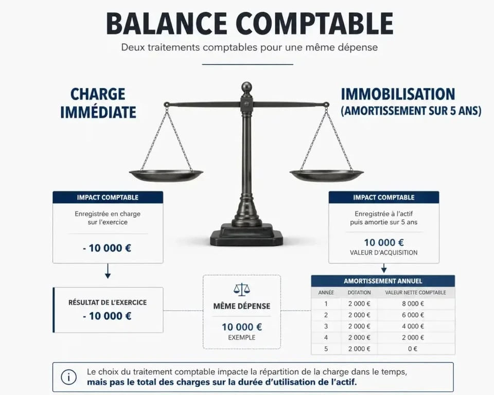 Schéma comparatif du traitement comptable des frais d'établissement : charge immédiate ou immobilisation