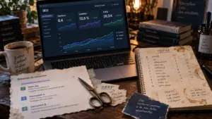 Suivi des positions SEO sur tableau de rankings, courbes et SERP