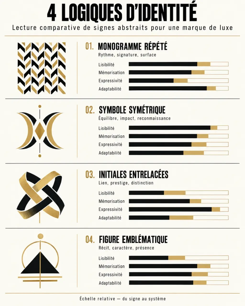 Infographie des codes d’un logo de marque de luxe : monogramme, initiales entrelacées, symbole symétrique et figure emblématique