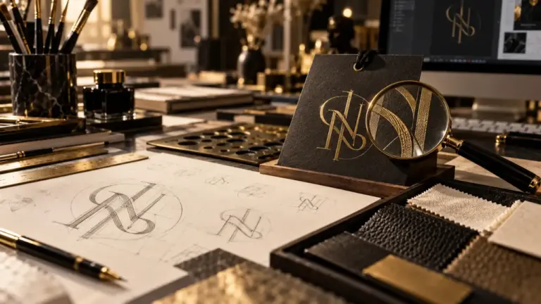 Logo marque de luxe noir et doré sur étiquette en atelier de mode