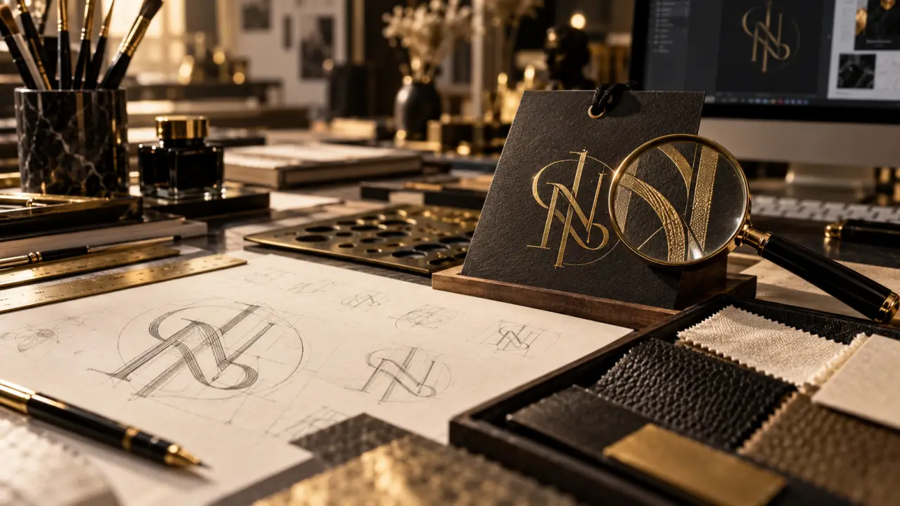 Logo marque de luxe noir et doré sur étiquette en atelier de mode