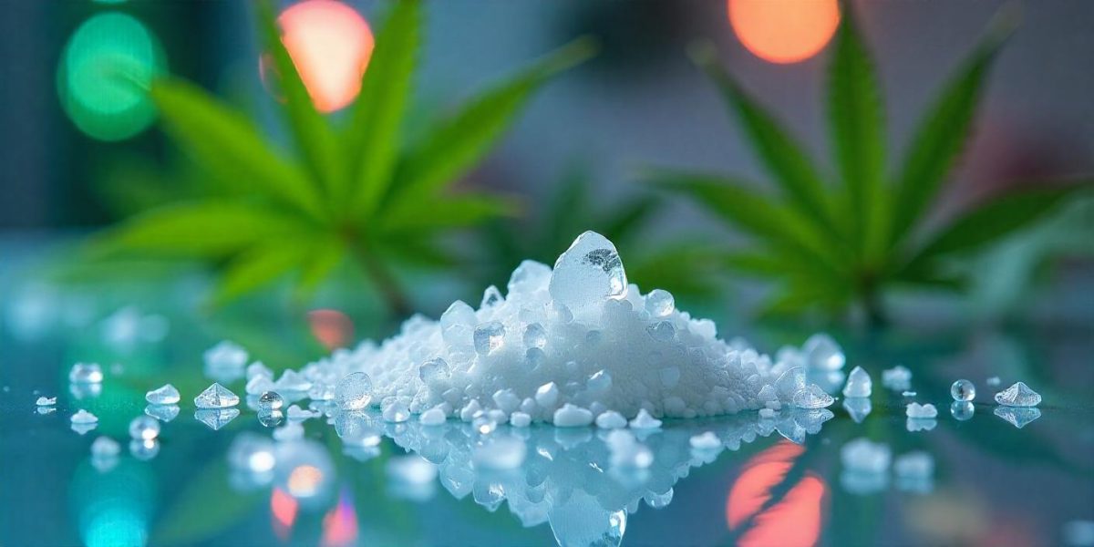 cristaux de CBD : gros plan sur des cristaux de cannabidiol purs