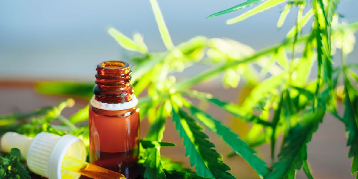 CBD : flacon d'huile de CBD sur fond naturel