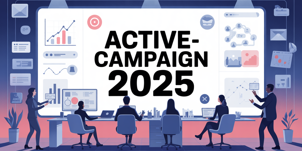 Scène bureau ActiveCampaign 2025, graphiques et IA, dynamique