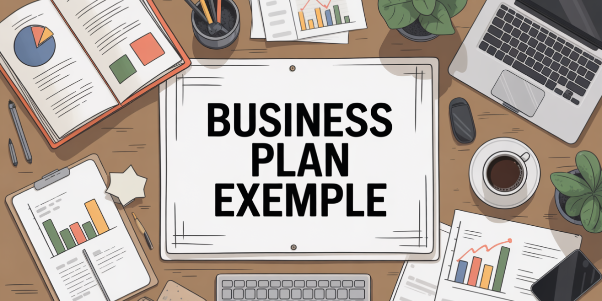 business plan exemple sur bureau avec feuilles et ordinateur