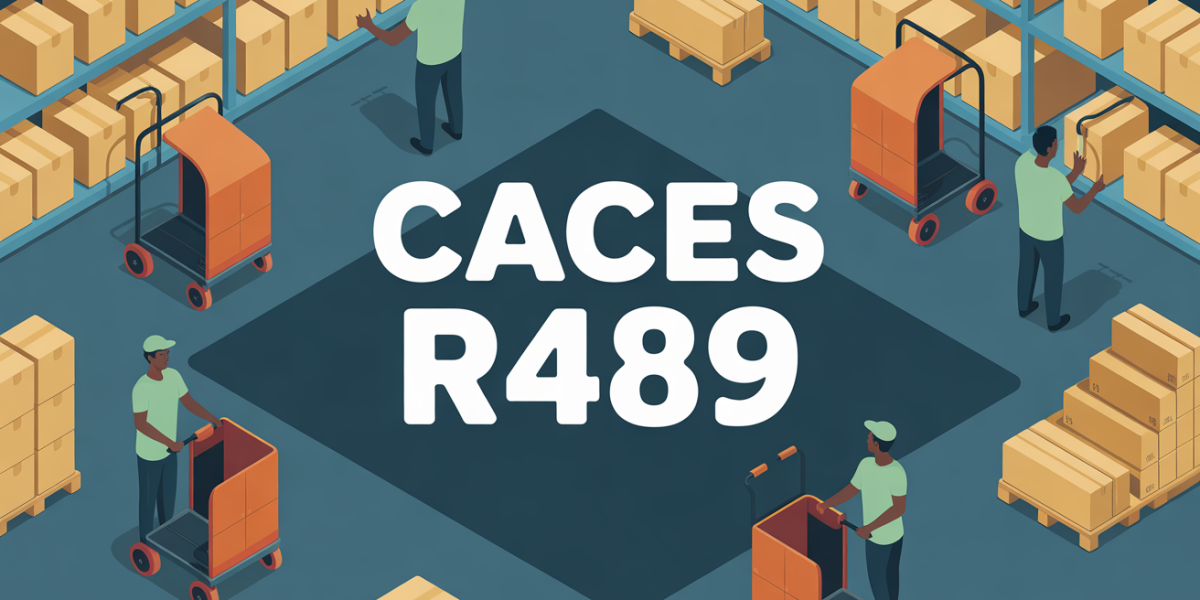 Vue de haut entrepôt, caristes chariots élévateurs, caces r489