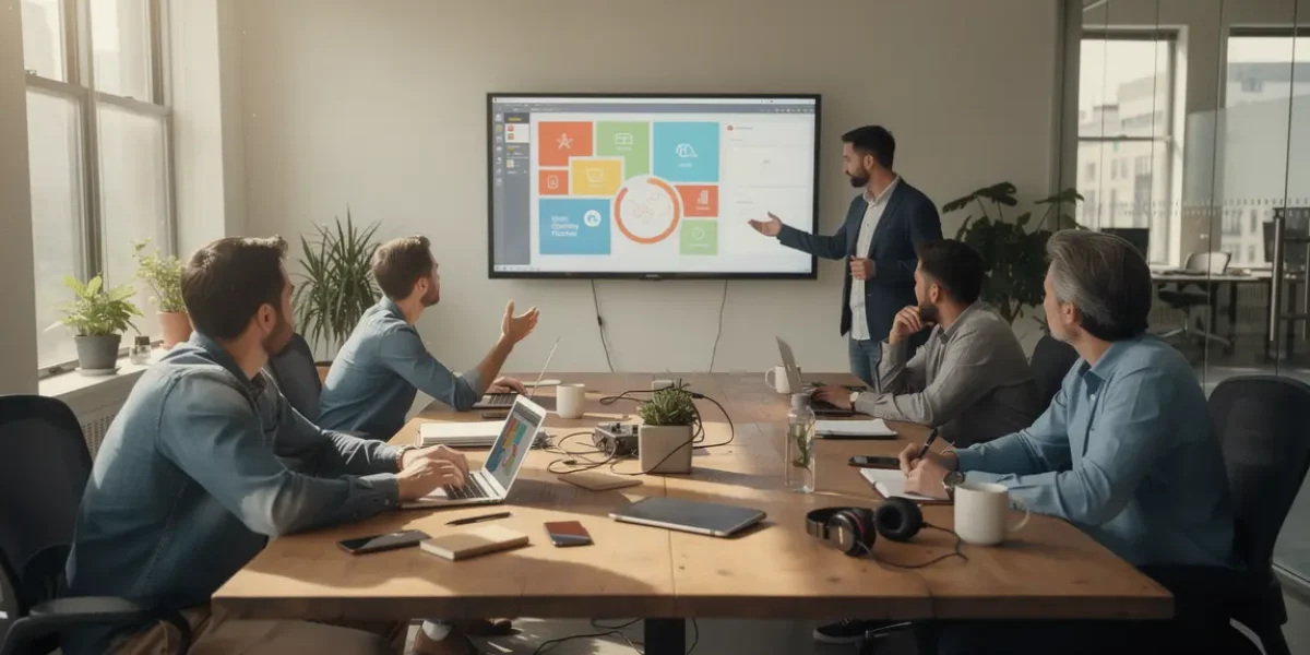 Professionnels réunis autour d’un écran sur Canva, création de visuels marketing