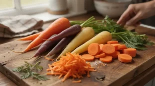 Carottes fraiches orange violette jaune tranchees batonnets rapees fanes