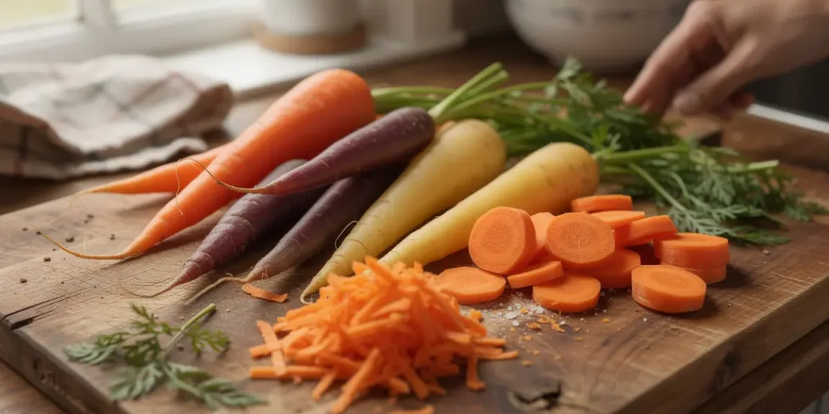 Carottes fraiches orange violette jaune tranchees batonnets rapees fanes